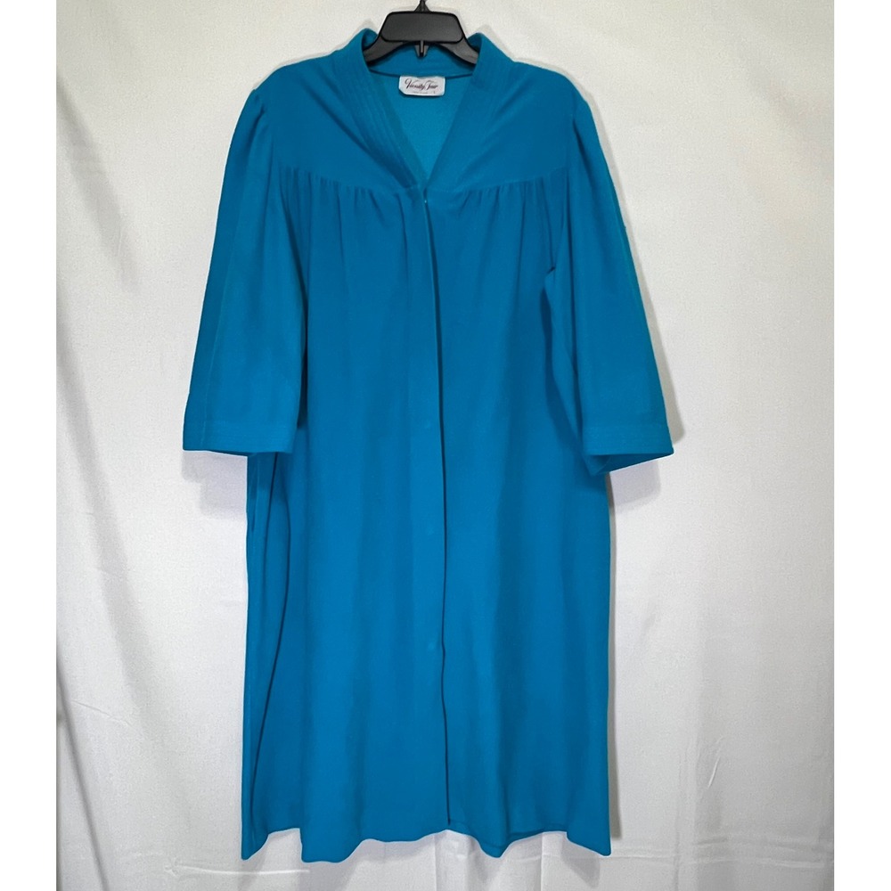 Vintage Vanity Fair Robe Size L Blue Snap Front Pockets Housecoat USA Made 80s
